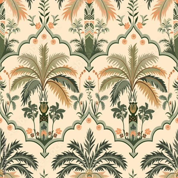 Fototapeta Seamless vector pattern in oriental style. Exotic plants, palm trees and flowers. 