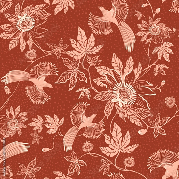 Fototapeta Lace.  Seamless pattern of tropical flowers and parrots. Chinoiserie, oriental pattern. 