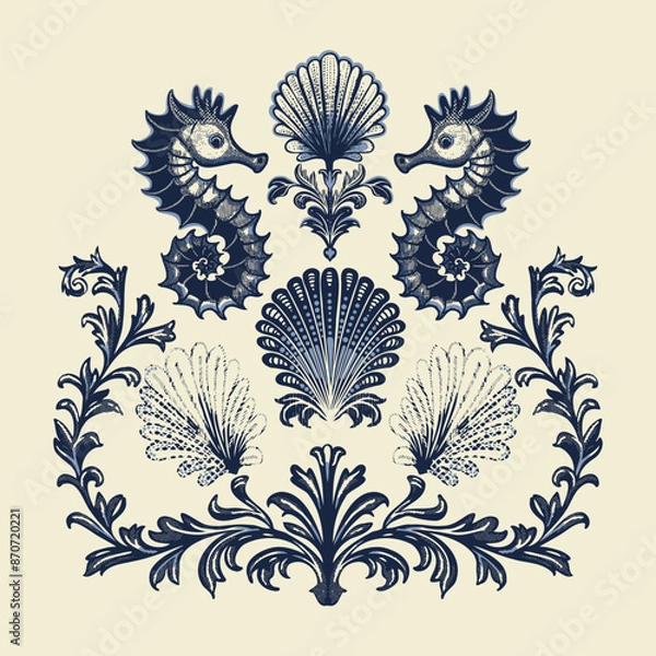 Fototapeta Luxury vector print, flat pattern. Seahorses, shells and seaweed. Decorative style. 