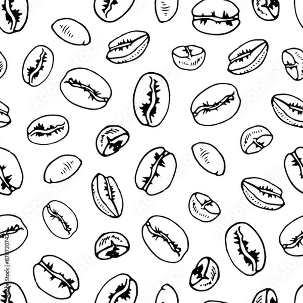 Fototapeta Coffee Bean seamless Pattern. Vector hand drawn outline illustration. Grains sketch drawing. Black and white line art. Vintage print for food packaging or fabrics and wrapping paper