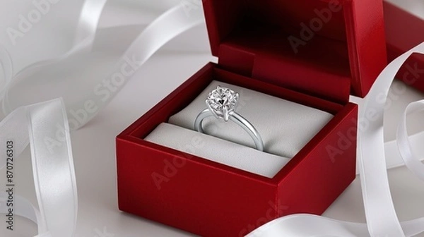 Obraz open red ring box with a silver diamond engagement ring inside, white background, white flowing around the box