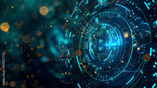 Fototapeta Digital bitcoin symbol with futuristic tech elements