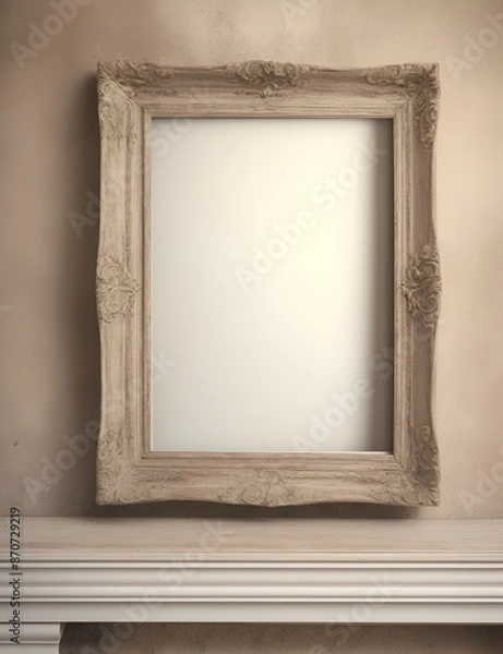 Fototapeta Vertical vintage frame, empty photo frame mockup with copy space, classic design, antique style, vintage decor, old-fashioned frame, retro photo frame, decorative vintage element, blank picture frame.