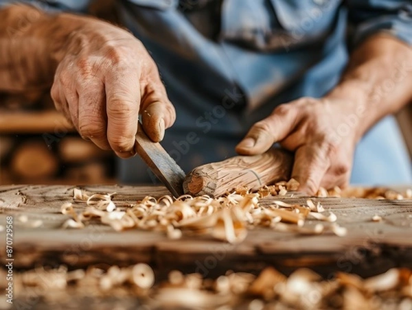 Fototapeta Carpenter meticulously carving a wooden sculpture in a workshop, showcasing intricate craftsmanship and attention to detail
