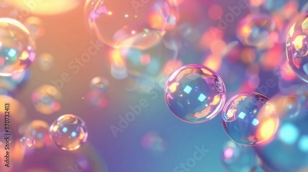 Obraz A close-up of colorful soap bubbles with reflections, floating gracefully against a soft, pastel background.