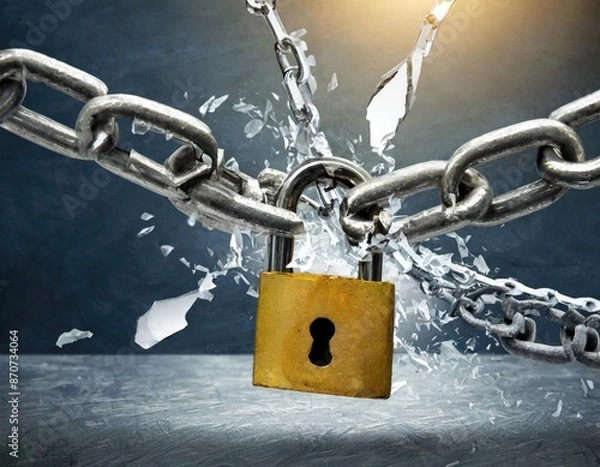 Fototapeta Shattered chain and padlock on dark background. Generated with AI