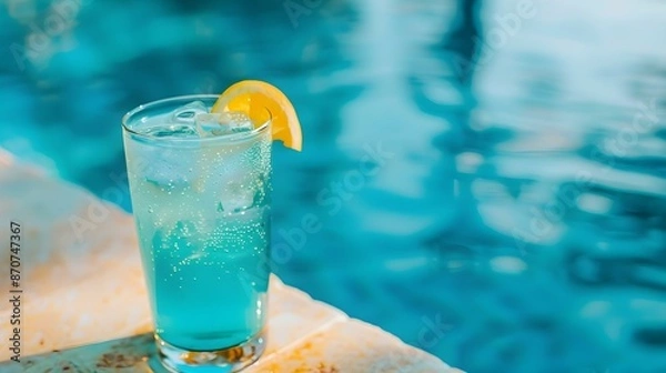Fototapeta Close Up of a cyan Drink by the Poolside. Luxury Vacation Background