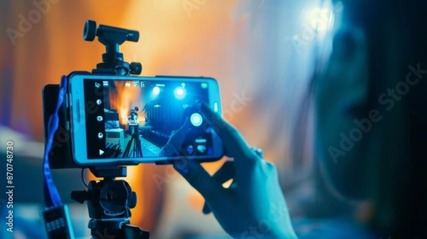 Obraz Videographer captures a music concert with a smartphone on a tripod