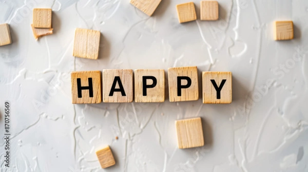 Fototapeta Motivational Positive Messages and Happiness: Wooden Tiles Spelling 'HAPPY' on Minimalist White Background