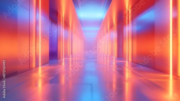 Fototapeta A symmetric futuristic hallway with neon lights in electric blue, magenta, and purple. The pattern of parallel lines on transparent material gives a gaslike effect