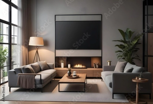Fototapeta Modern living room interior with dark walls Concrete floor and poster frame mockup. Generative AI