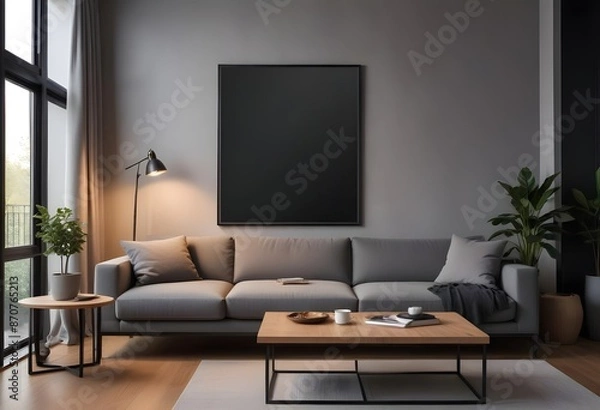 Obraz Modern living room interior with dark walls Concrete floor and poster frame mockup. Generative AI