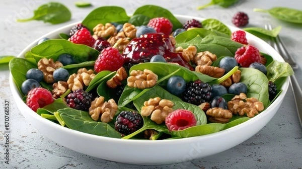 Fototapeta Fresh Spinach Berry Salad with Walnuts and Raspberry Vinaigrette Clean Minimalist Style