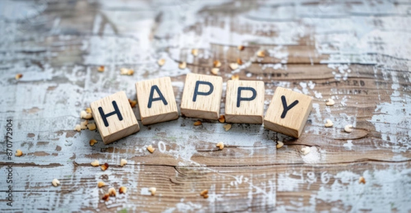 Fototapeta Uplifting Words: Wooden Tiles Forming 'HAPPY' on Wooden Tabletop