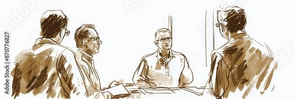 Obraz Sketch of Four Men in a Meeting - A sketch in brown tones depicting four men in a meeting, two facing the viewer and two with their backs turned. - A sketch in brown tones depicting four men in a meet