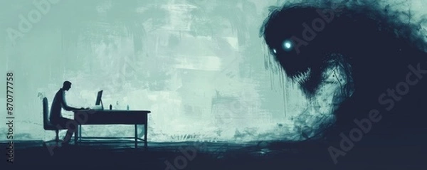 Fototapeta A person sitting alone at their desk, with a dark, ominous shadow looming over them, symbolizing the fear and intimidation that exists in a toxic workplace.