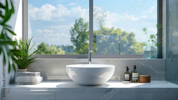 Fototapeta Modern bathroom interior with a white sink, two bottles of soap and a stack of towels. The window in the background looks out onto a green garden and blue sky.