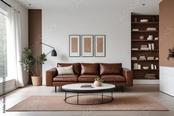 Fototapeta Living room interior with brown couch and white wall. Generative ai