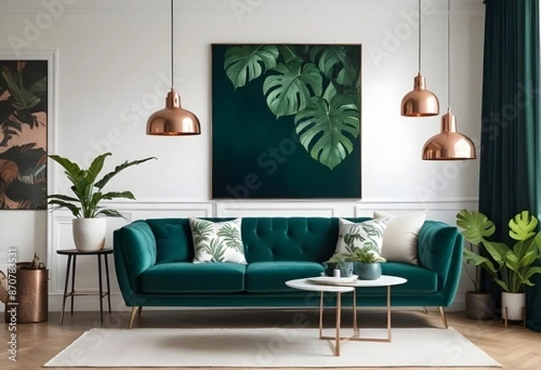 Fototapeta Warm and Cozy Composition of spring living room interior with mock-up poster frame, wooden sideboard, white sofa, green stand, base with leaves, plants, and stylish lamp. Generative AI