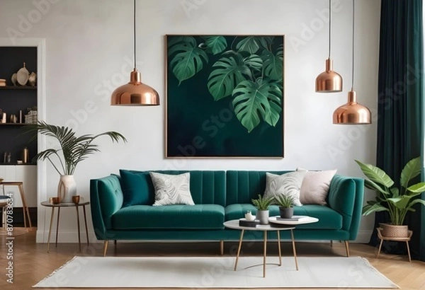 Fototapeta Warm and Cozy Composition of spring living room interior with mock-up poster frame, wooden sideboard, white sofa, green stand, base with leaves, plants, and stylish lamp. Generative AI