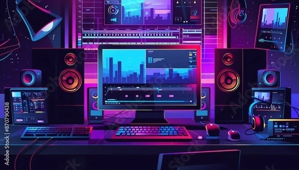 Obraz Video editing software, timeline and tools, flat design illustration