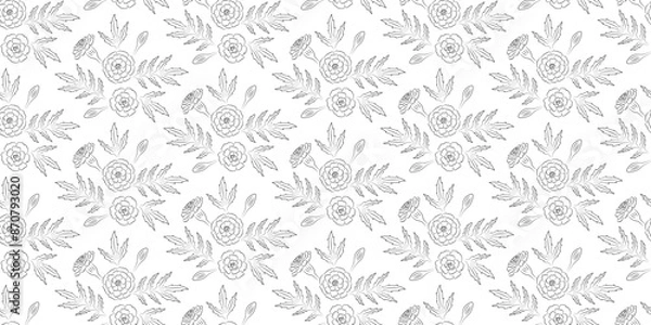 Fototapeta Seamless pattern with black contour marigolds, flowers, leaves, buds on a white background