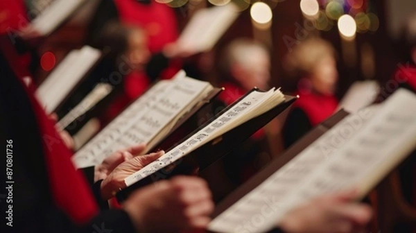 Fototapeta Close up of people choir members holding singing book while performing in a cathedral