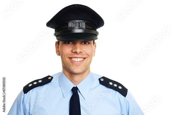 Fototapeta Smiling young policeman on white background