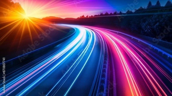 Obraz Colorful Light Trails On A Winding Highway At Sunset