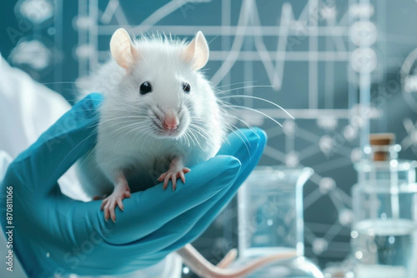 Fototapeta A close-up of a fluffy white lab rat perched on a researcher's gloved hand, with a backdrop of laboratory glassware and technical diagrams, symbolizing the human-animal bond in scientific exploration.