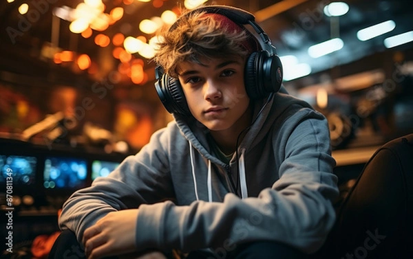 Fototapeta A young boy wearing headphones and a hoodie is sitting on a chair. The boy is looking at the camera with a serious expression. Concept of focus and concentration