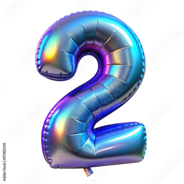 Obraz Holographic foil balloon shaped as the number 2. Iridescent colors on a shiny surface, perfect for celebrations, birthdays, and events. Isolated on transparent background