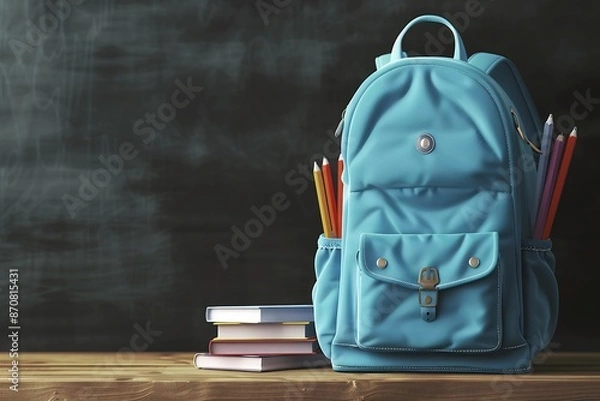 Fototapeta Ultra HD 3D rendering of a blue school backpack with books and stationery on a wooden table, blackboard background, perfect for educational and back-to-school themes.