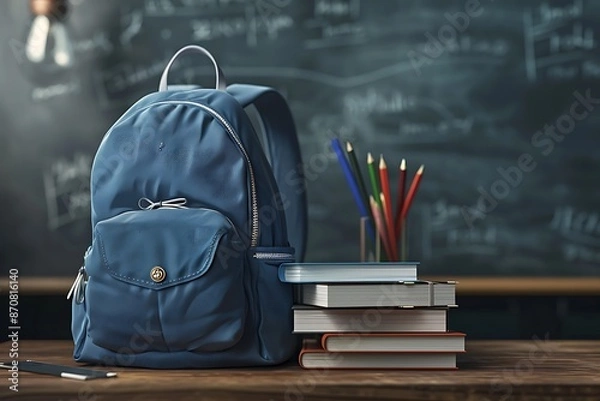 Fototapeta Ultra HD 3D rendering of a blue school backpack with books and stationery on a wooden table, blackboard background, perfect for educational and back-to-school themes.