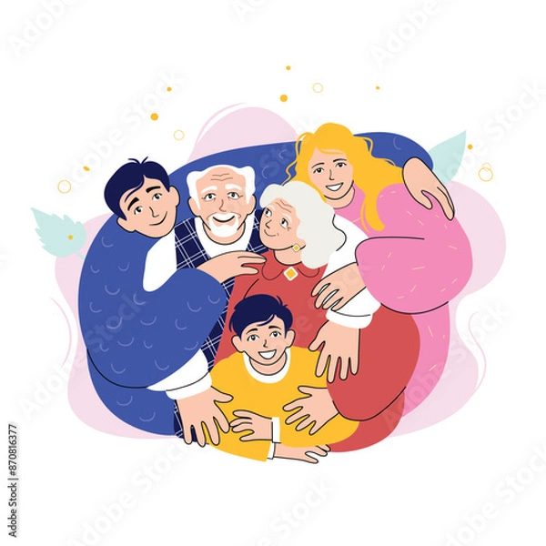 Obraz Joyful European family hugging, comic image