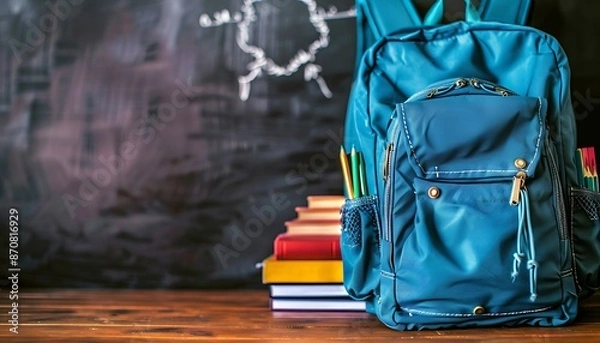 Fototapeta Ultra HD image of a blue school backpack with books, stationery, and a pencil case on a wooden table, blackboard backdrop, ideal for educational themes.