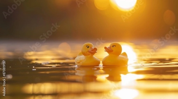Obraz Two rubber ducks floating on water at sunset, close-up view. Childhood and relaxation concept