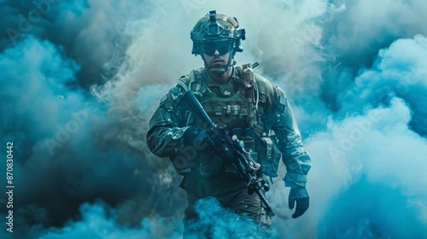 Fototapeta Special operations forces soldier, army ranger or commando in camo uniform, helmet and ballistic glasses walking at battlefield