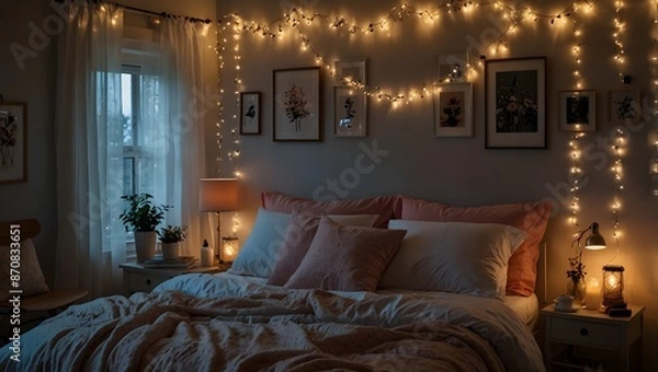 Fototapeta A cozy bedroom aglow with fairy lights, casting a dreamy array of colors ai_generated