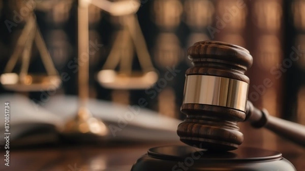 Obraz Wooden gavel resting on a desk with justice scales and law books in the background, symbolizing the judicial system and legal proceedings.