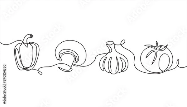 Fototapeta Vegetables one line set. Continuous line drawing of garlic, tomato, bell pepper, mushroom.