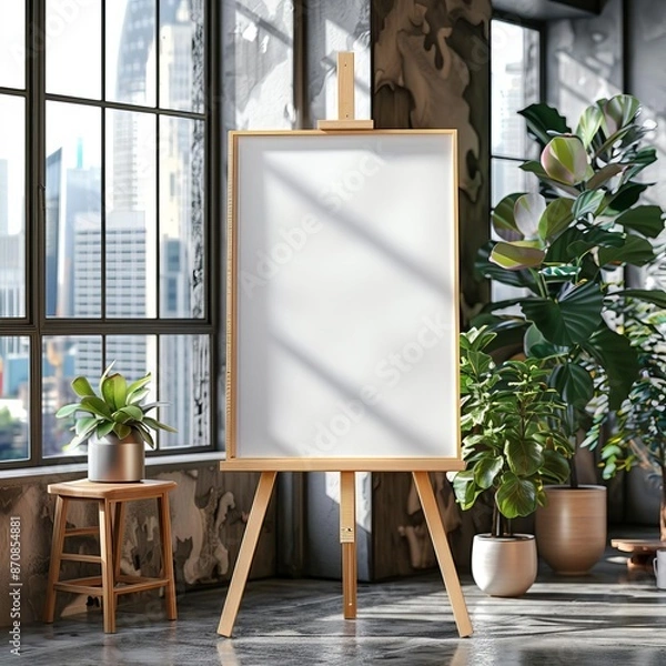 Fototapeta Modern studio with blank easel, indoor plants, and large windows overlooking a cityscape.
