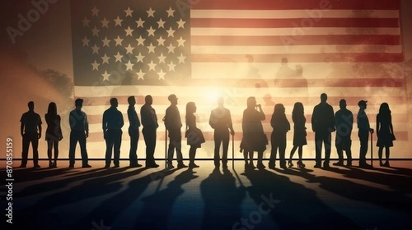 Fototapeta Silhouettes of people lining up at the polling station. american flag background Presidential election campaign concept