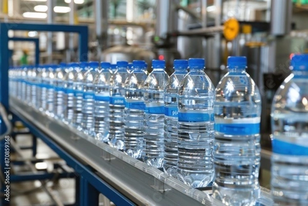 Fototapeta Plastic bottles on a conveyor belt for packing in a drinking water factory Plastic bottle production process