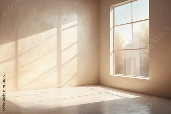 Fototapeta A digital painting of a realistic and minimalistic setting where light, seeping in through blurred windows, jumps onto a wallpaper textured with an overlay of soft shadows, underlining the simplicity