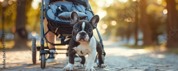 Fototapeta Ultra-realistic 8k image of a small French Bulldog puppy in a stylish pet stroller, enjoying a park scene with its owner close by, bokeh background