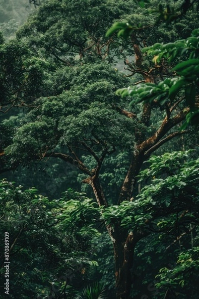 Fototapeta A majestic elephant stands amidst a dense and vibrant forest, surrounded by tall trees and foliage