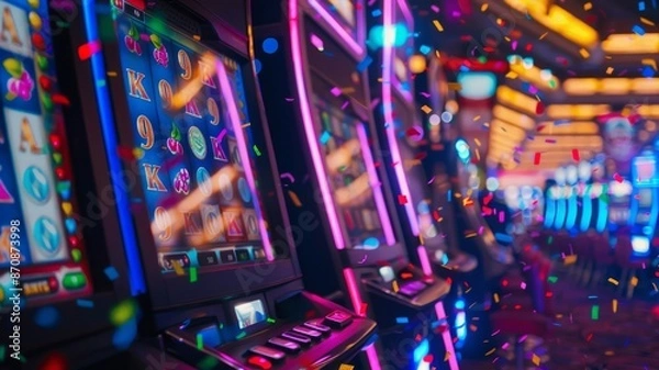 Fototapeta Vibrant Casino Slot Machines with Colorful Confetti Celebration
