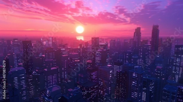 Fototapeta Sunrise in a dark futuristic science fiction city / 3D illustration of the dawn of a cyberpunk metropolis