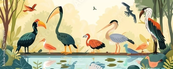 Obraz Bird sanctuary, various species in habitat, flat design illustration